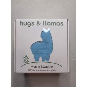 Hugs & Llamas Muslin Swaddle 100% Organic Cotton Blue Baby Blanket 47x47 New